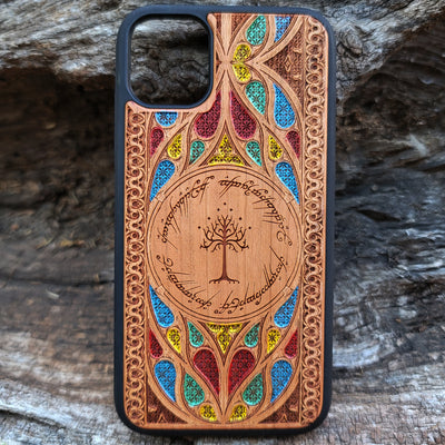 Wood Phone Case for iPhone and Samsung Galaxy featuring laser-engraved runic inscription and Gothic pattern design. Compatible with iPhone 15, 14, 13, 12, 11 Pro Max Mini and Samsung Galaxy S24, S23, S22, S21, S20 Ultra Plus Note 20. Slim, durable, and unique for enhanced aesthetic. Order now!