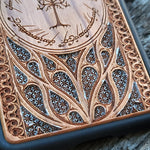 Load image into Gallery viewer, iPhone &amp; Samsung Galaxy Wood Phone Case -  LOTR IV Gothic Pattern Silver Hand Painted
