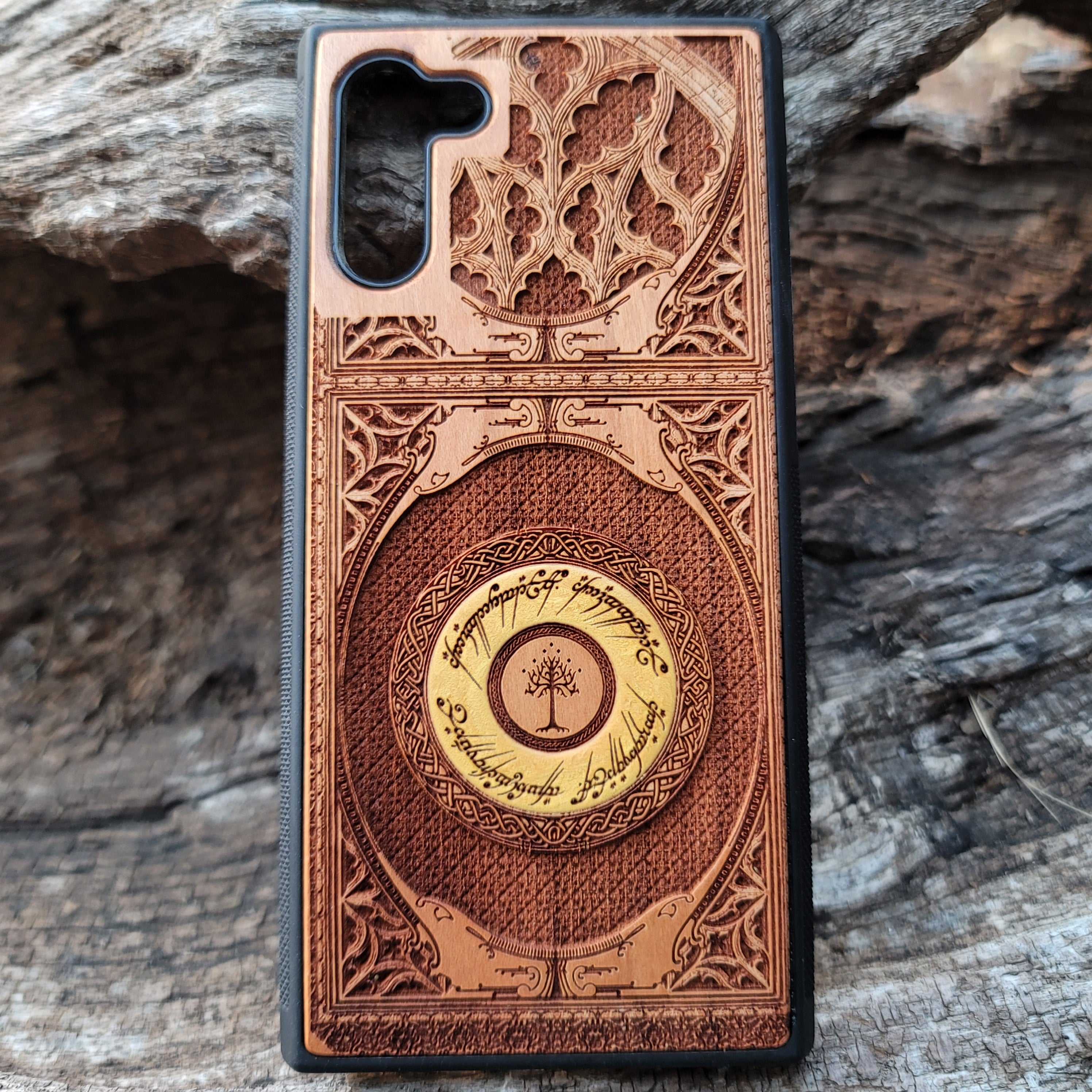 Wood Phone Case - Gothic Pattern Design XI Gold Hand Painted