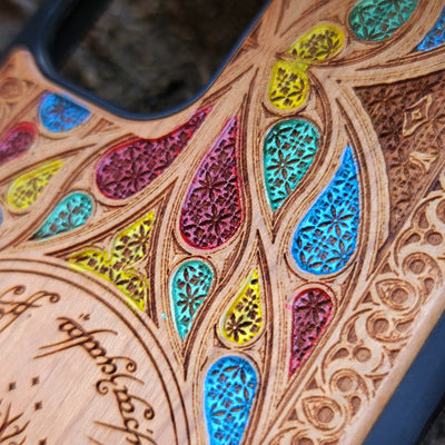 Wood Phone Case for iPhone and Samsung Galaxy featuring laser-engraved runic inscription and Gothic pattern design. Compatible with iPhone 15, 14, 13, 12, 11 Pro Max Mini and Samsung Galaxy S24, S23, S22, S21, S20 Ultra Plus Note 20. Slim, durable, and unique for enhanced aesthetic. Order now!