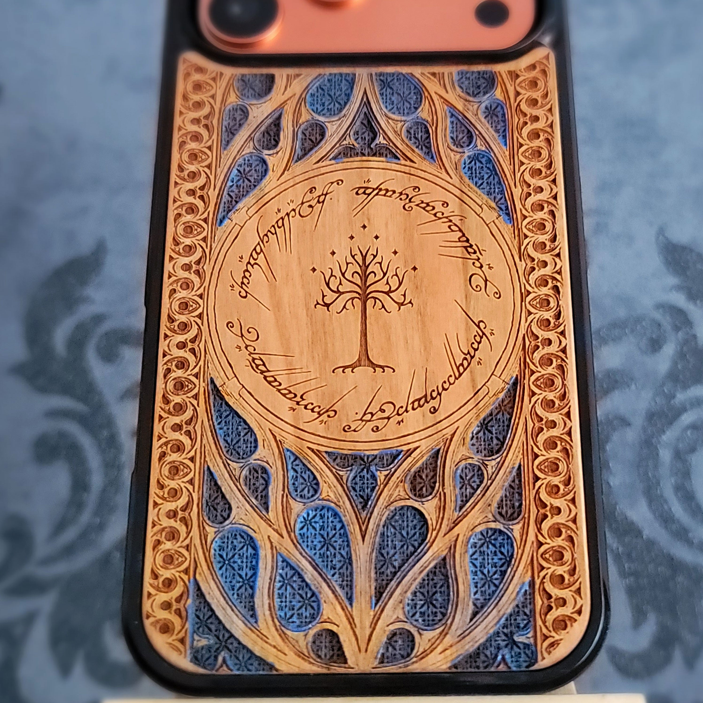 lotr white tree blue hand painted wood phone case
