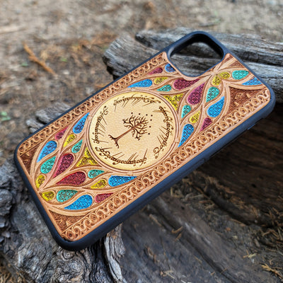 Lord of the Rings Gothic Design VII wood phone case with laser-engraved Gothic patterns inspired by Middle-Earth. Compatible with iPhone , 15, 14, 13, 12, 11 Pro Max Mini, and Samsung Galaxy S, S24, S23, S22, S21, S20 Ultra Plus, Note 20. Unique, stylish, and protective for LOTR fans.