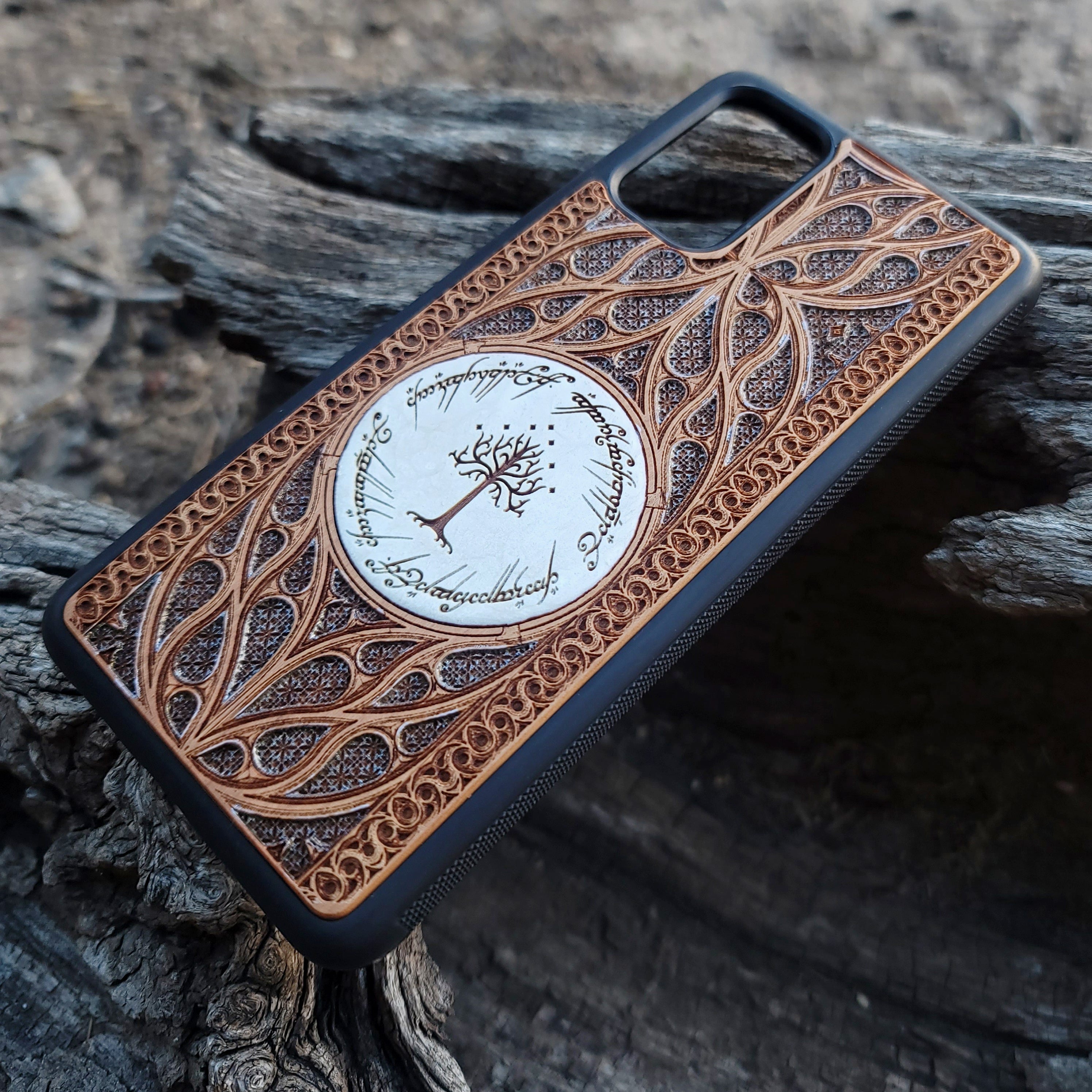 Wood Phone Case - Gothic Pattern Design XVI Silver Hand Painted