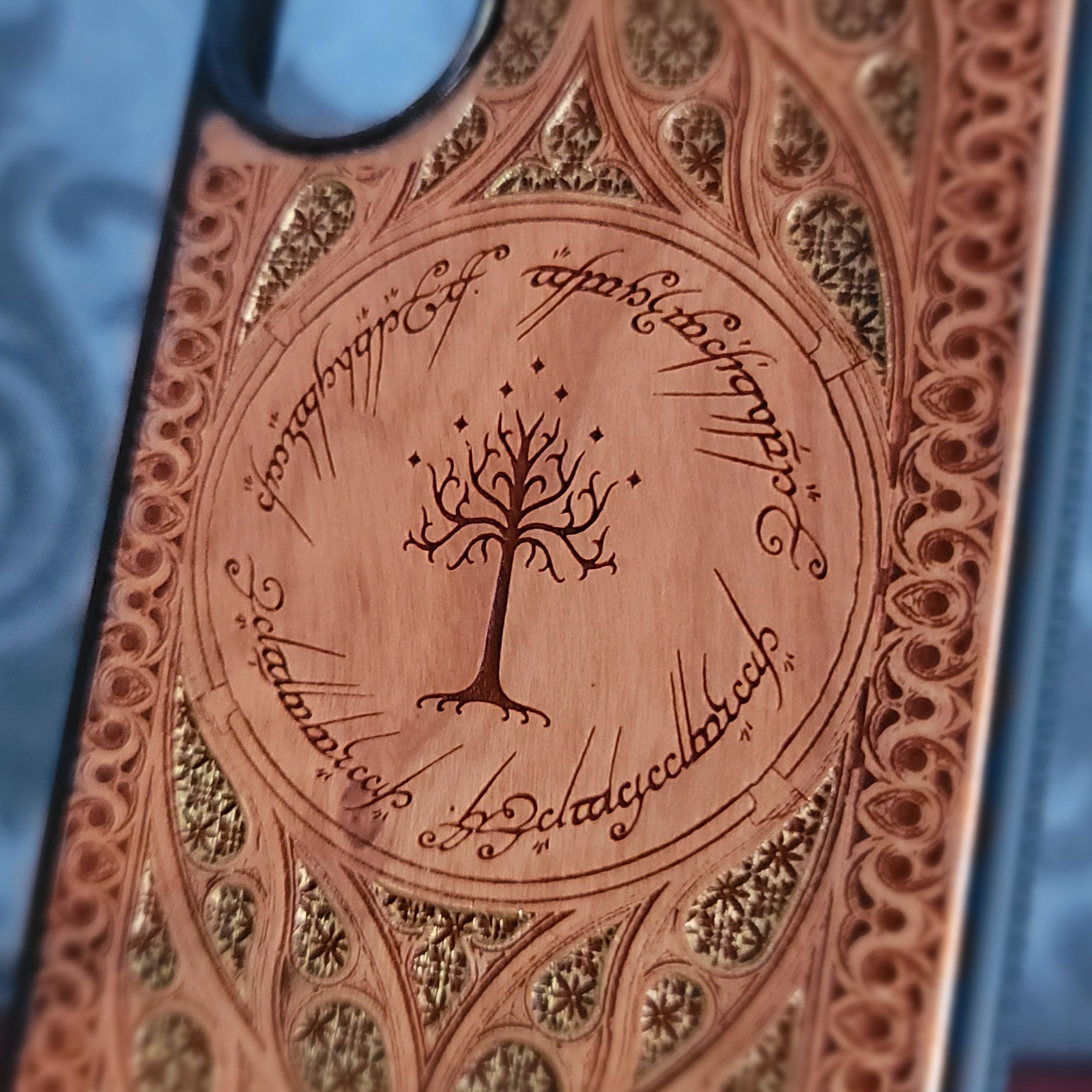LOTR Wood Phone Case - Gothic Pattern Gold Hand Painted