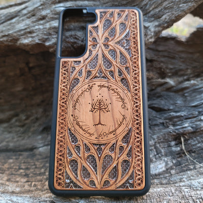 Lord of the Rings Gothic Design IV Silver wood phone case featuring intricate laser-engraved Gothic patterns. Compatible with iPhone , 15, 14, 13, 12, 11 Pro Max Mini, and Samsung Galaxy S, S24, S23, S22, S21, S20 Ultra Plus, Note 20. A unique and protective accessory for fans of the Lord of the Rings series.