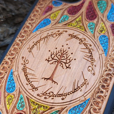 Wood Phone Case for iPhone and Samsung Galaxy featuring laser-engraved runic inscription and Gothic pattern design. Compatible with iPhone 15, 14, 13, 12, 11 Pro Max Mini and Samsung Galaxy S24, S23, S22, S21, S20 Ultra Plus Note 20. Slim, durable, and unique for enhanced aesthetic. Order now!