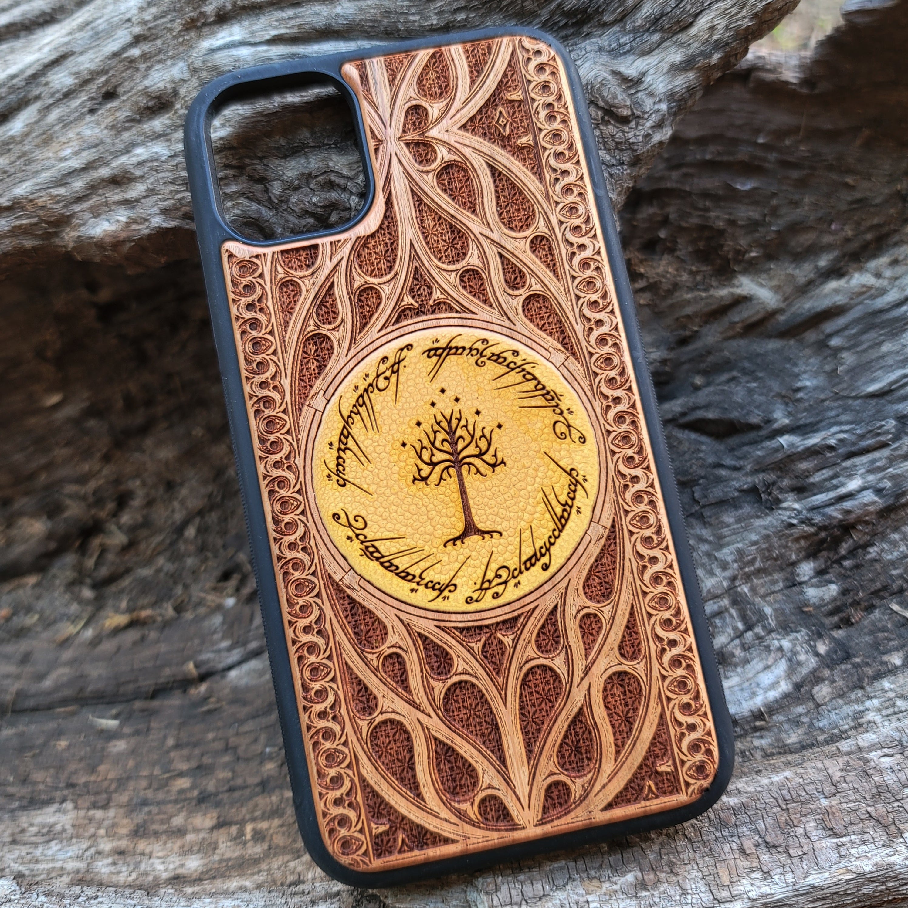 iPhone & Samsung Galaxy Wood Phone Case -  LOTR III Gothic Pattern Hand Painted