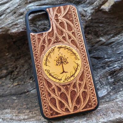 Lord of the Rings Gothic Design III wood phone case with a detailed laser-engraved Gothic pattern inspired by Middle-Earth. Compatible with iPhone , 15, 14, 13, 12, 11 Pro Max Mini and Samsung Galaxy S, S24, S23, S22, S21, S20 Ultra Plus, Note 20. Unique, slim, and durable design for fans of LOTR.