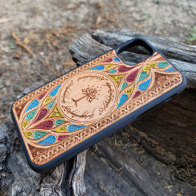 Wood Phone Case for iPhone and Samsung Galaxy featuring laser-engraved runic inscription and Gothic pattern design. Compatible with iPhone 15, 14, 13, 12, 11 Pro Max Mini and Samsung Galaxy S24, S23, S22, S21, S20 Ultra Plus Note 20. Slim, durable, and unique for enhanced aesthetic. Order now!