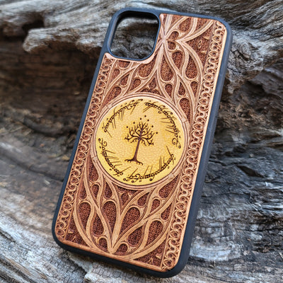 Lord of the Rings Gothic Design III wood phone case with a detailed laser-engraved Gothic pattern inspired by Middle-Earth. Compatible with iPhone , 15, 14, 13, 12, 11 Pro Max Mini and Samsung Galaxy S, S24, S23, S22, S21, S20 Ultra Plus, Note 20. Unique, slim, and durable design for fans of LOTR.