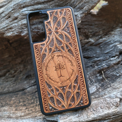 Lord of the Rings Gothic Design IV Silver wood phone case featuring intricate laser-engraved Gothic patterns. Compatible with iPhone , 15, 14, 13, 12, 11 Pro Max Mini, and Samsung Galaxy S, S24, S23, S22, S21, S20 Ultra Plus, Note 20. A unique and protective accessory for fans of the Lord of the Rings series.