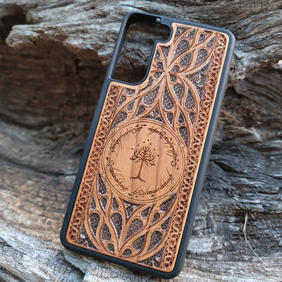 Lord of the Rings Gothic Design IV Silver wood phone case featuring intricate laser-engraved Gothic patterns. Compatible with iPhone , 15, 14, 13, 12, 11 Pro Max Mini, and Samsung Galaxy S, S24, S23, S22, S21, S20 Ultra Plus, Note 20. A unique and protective accessory for fans of the Lord of the Rings series.