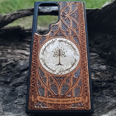 The Dark Tower from Lord of the Rings engraved on a wooden phone case, compatible with iPhone  and Samsung Galaxy S.