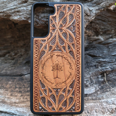 Lord of the Rings Gothic Design IV Silver wood phone case featuring intricate laser-engraved Gothic patterns. Compatible with iPhone , 15, 14, 13, 12, 11 Pro Max Mini, and Samsung Galaxy S, S24, S23, S22, S21, S20 Ultra Plus, Note 20. A unique and protective accessory for fans of the Lord of the Rings series.