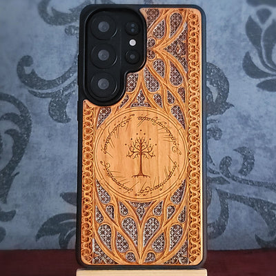 Lord of the Rings Gothic Design IV Silver wood phone case featuring intricate laser-engraved Gothic patterns. 