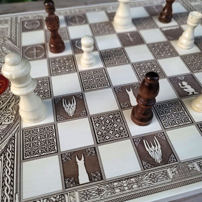 LOTR Chess Board - White & Brown - A3 Large Size – gothic art, engraved wood, dark fantasy, skeleton design, artisan crafted