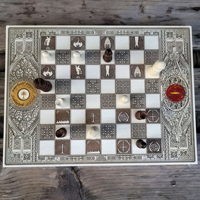LOTR Chess Board - White & Brown - A3 Large Size – gothic art, engraved wood, dark fantasy, skeleton design, artisan crafted