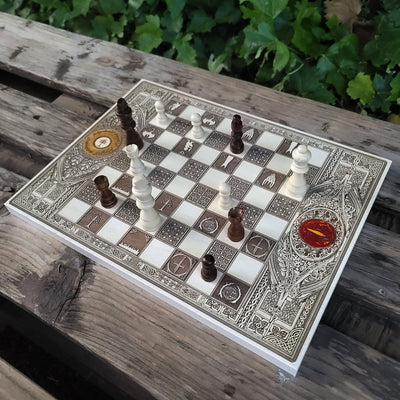 LOTR Chess Board - White & Brown - A3 Large Size – gothic art, engraved wood, dark fantasy, skeleton design, artisan crafted
