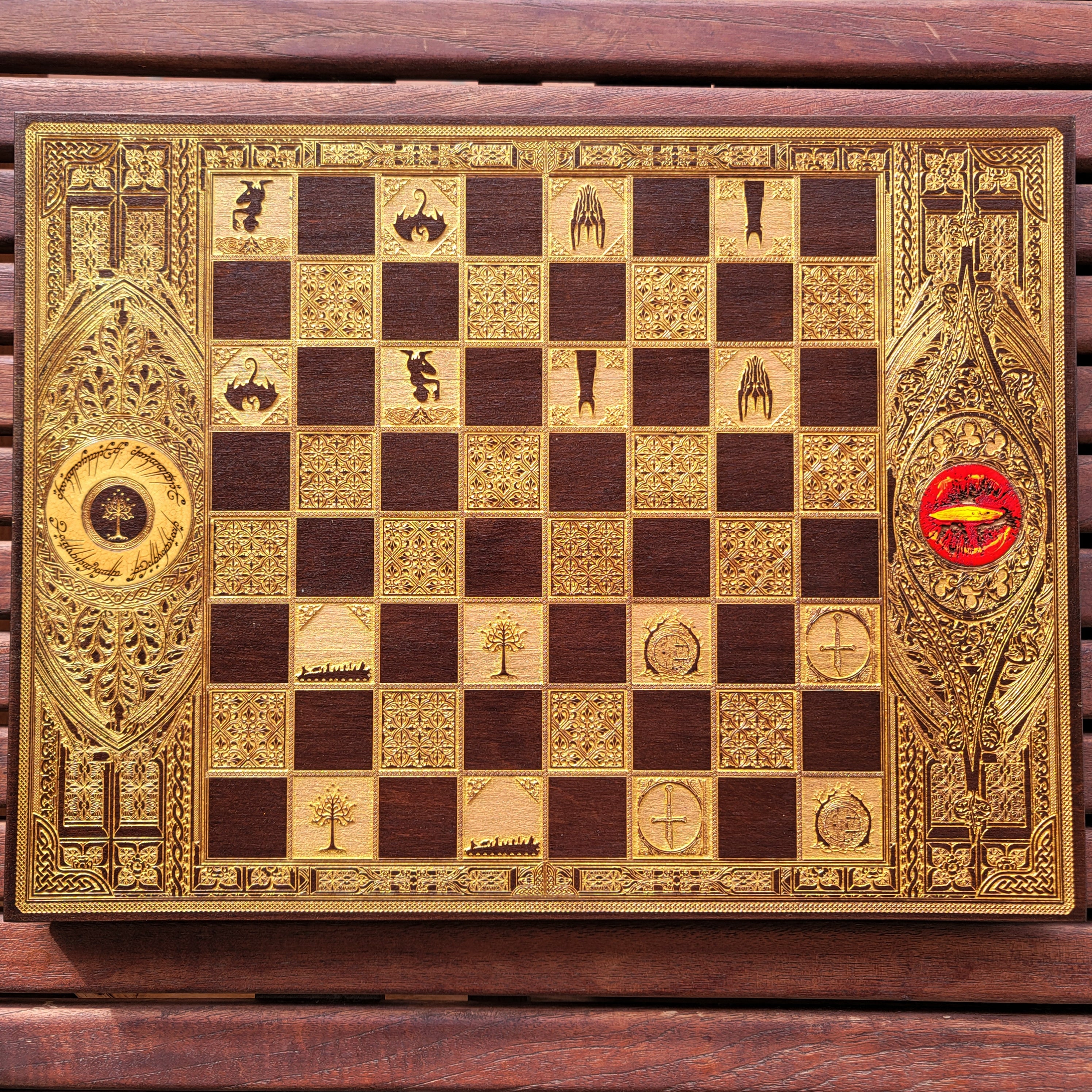 Fantasy Chess Board - Walnut & Gold - A3 Large Size