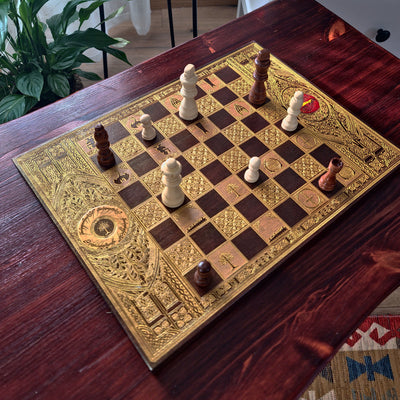 Fantasy Movie Chess Board - Walnut & Gold - A3 Large Size