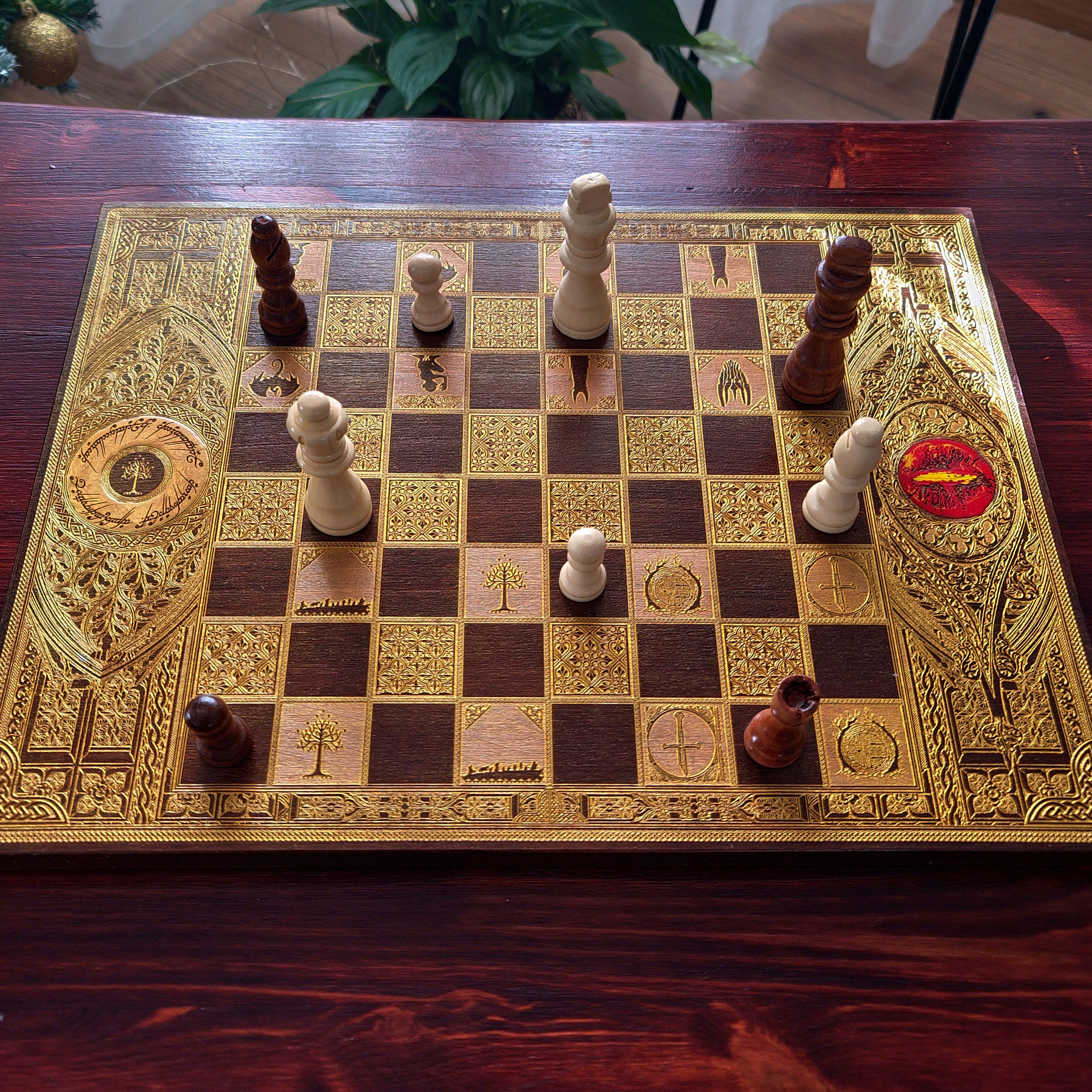 Fantasy Movie Chess Board - Walnut & Gold - A3 Large Size