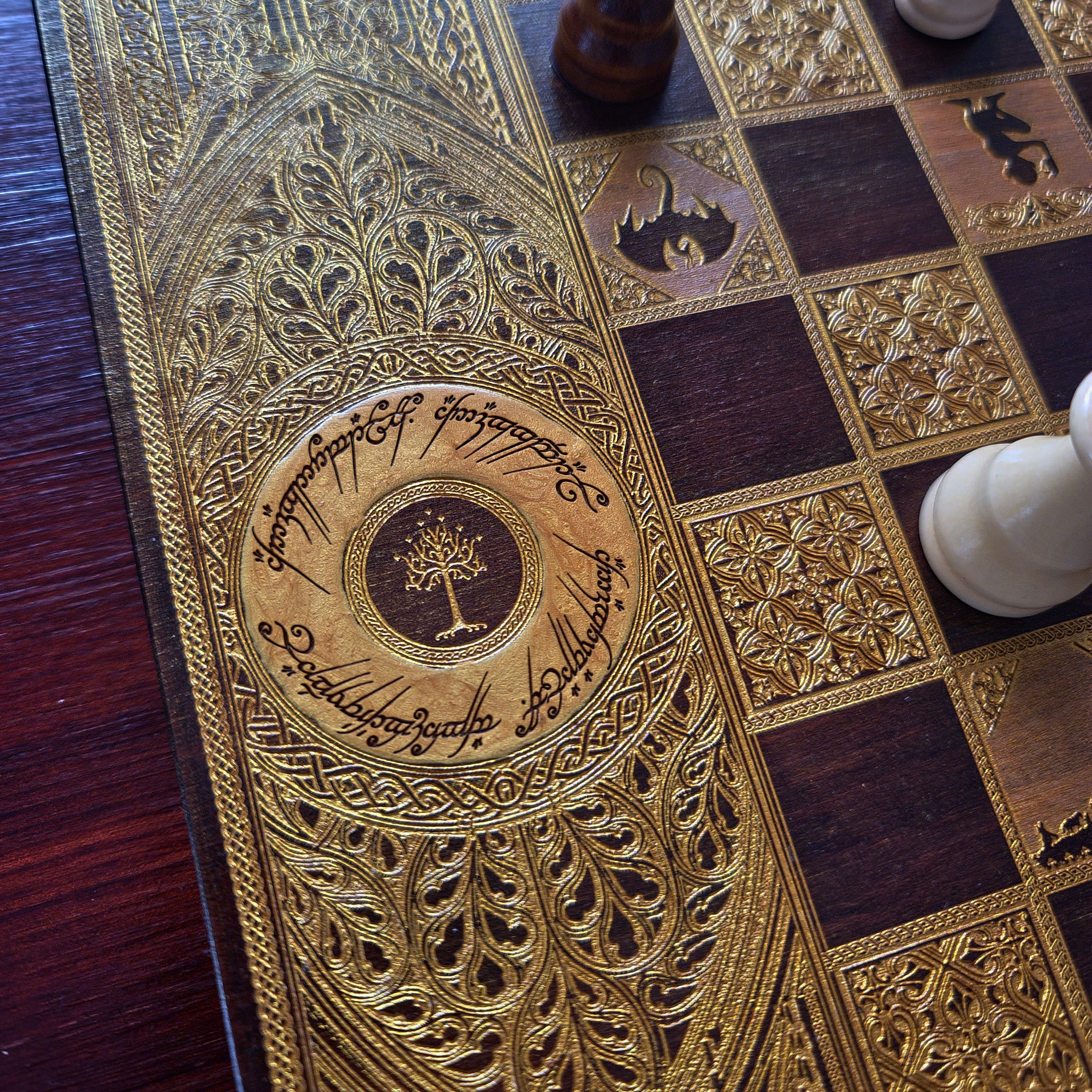 Fantasy Movie Chess Board - Walnut & Gold - A3 Large Size