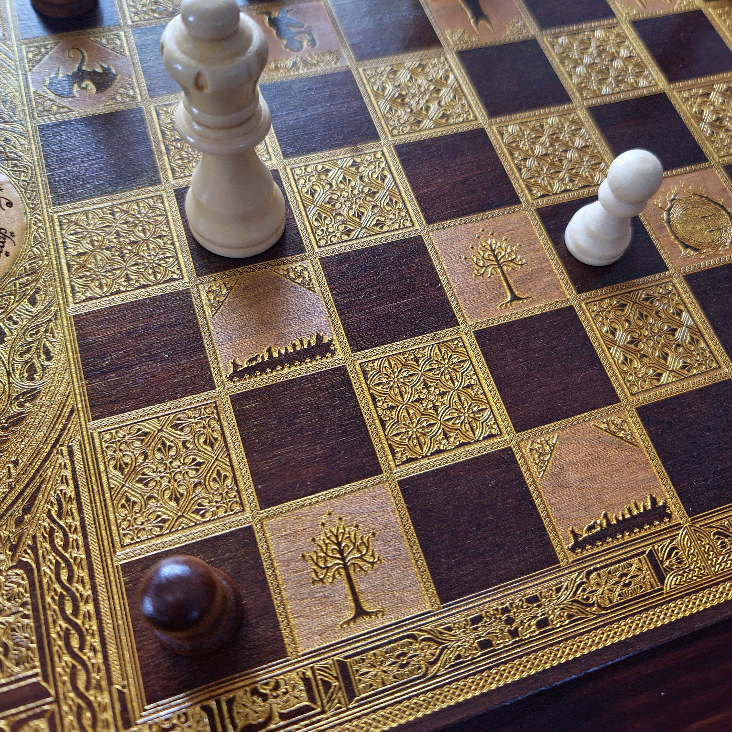 Fantasy Movie Chess Board - Walnut & Gold - A3 Large Size