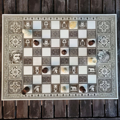 Roman Chess Board - White & Brown - A3 Large Size – gothic art, engraved wood, dark fantasy, skeleton design, artisan crafted