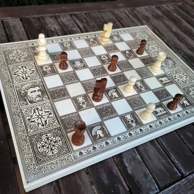 Roman Chess Board - White & Brown - A3 Large Size – gothic art, engraved wood, dark fantasy, skeleton design, artisan crafted
