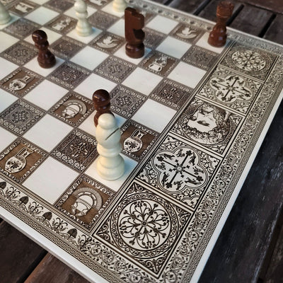 Roman Chess Board - White & Brown - A3 Large Size – gothic art, engraved wood, dark fantasy, skeleton design, artisan crafted