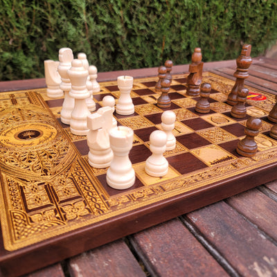 Lord of the Rings-themed walnut chessboard with handcrafted details, a unique 5-year anniversary gift.