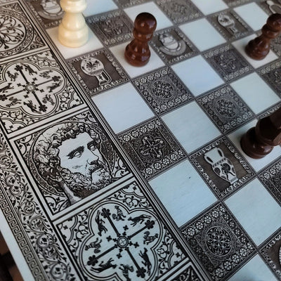 Roman Chess Board - White & Brown - A3 Large Size – gothic art, engraved wood, dark fantasy, skeleton design, artisan crafted