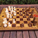 Load image into Gallery viewer, LOTR Walnut &amp; Gold Stained Wooden Chess Board Game Set - A3 Size - 1.25&quot; / 32 mm Square
