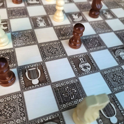 Roman Chess Board - White & Brown - A3 Large Size – gothic art, engraved wood, dark fantasy, skeleton design, artisan crafted
