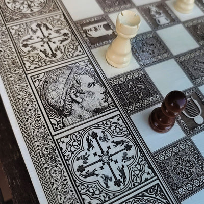Roman Chess Board - White & Brown - A3 Large Size – gothic art, engraved wood, dark fantasy, skeleton design, artisan crafted