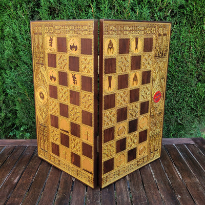 Lord of the Rings walnut chess board with ornate laser engraving.