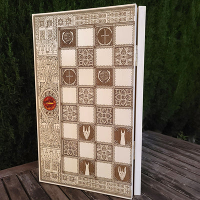 wood chessboard LOTR theme tournament size, laser engraved ,white and brown