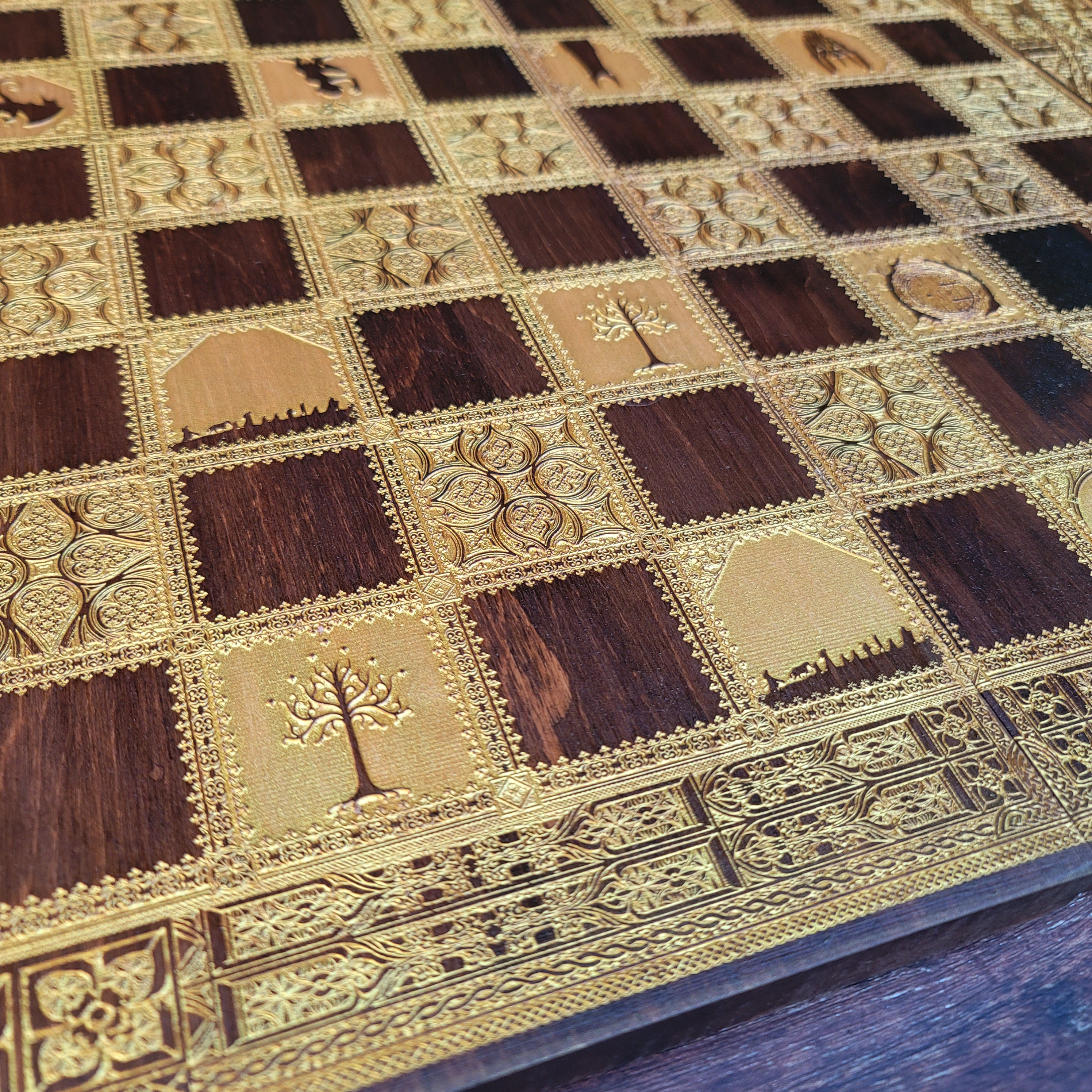 Fantasy Chess Board - Walnut & Gold - Tournament Size