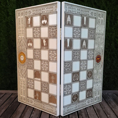 wood chessboard LOTR theme tournament size, laser engraved ,white and brown