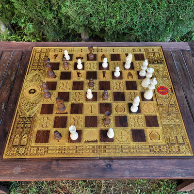 Tournament-size chess board, walnut & gold, perfect for gifts.