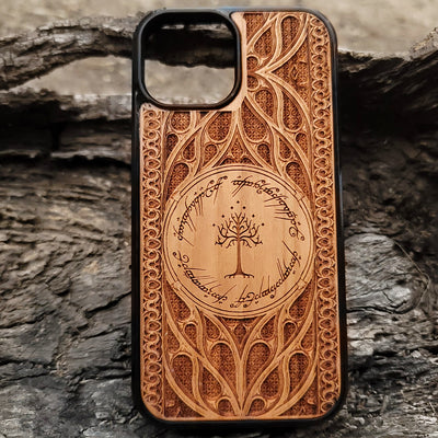 Lord of the Rings gothic wood phone case, laser engraved design