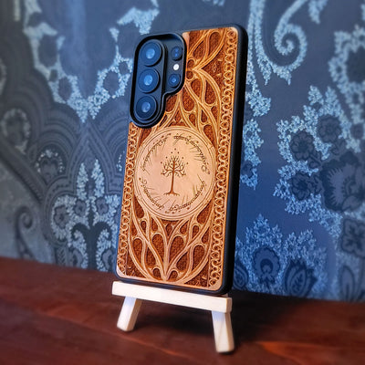 laser engraved wooden phone case featuring the White Tree of Gondor inspired fantasy design for iPhone and Samsung Galaxy.