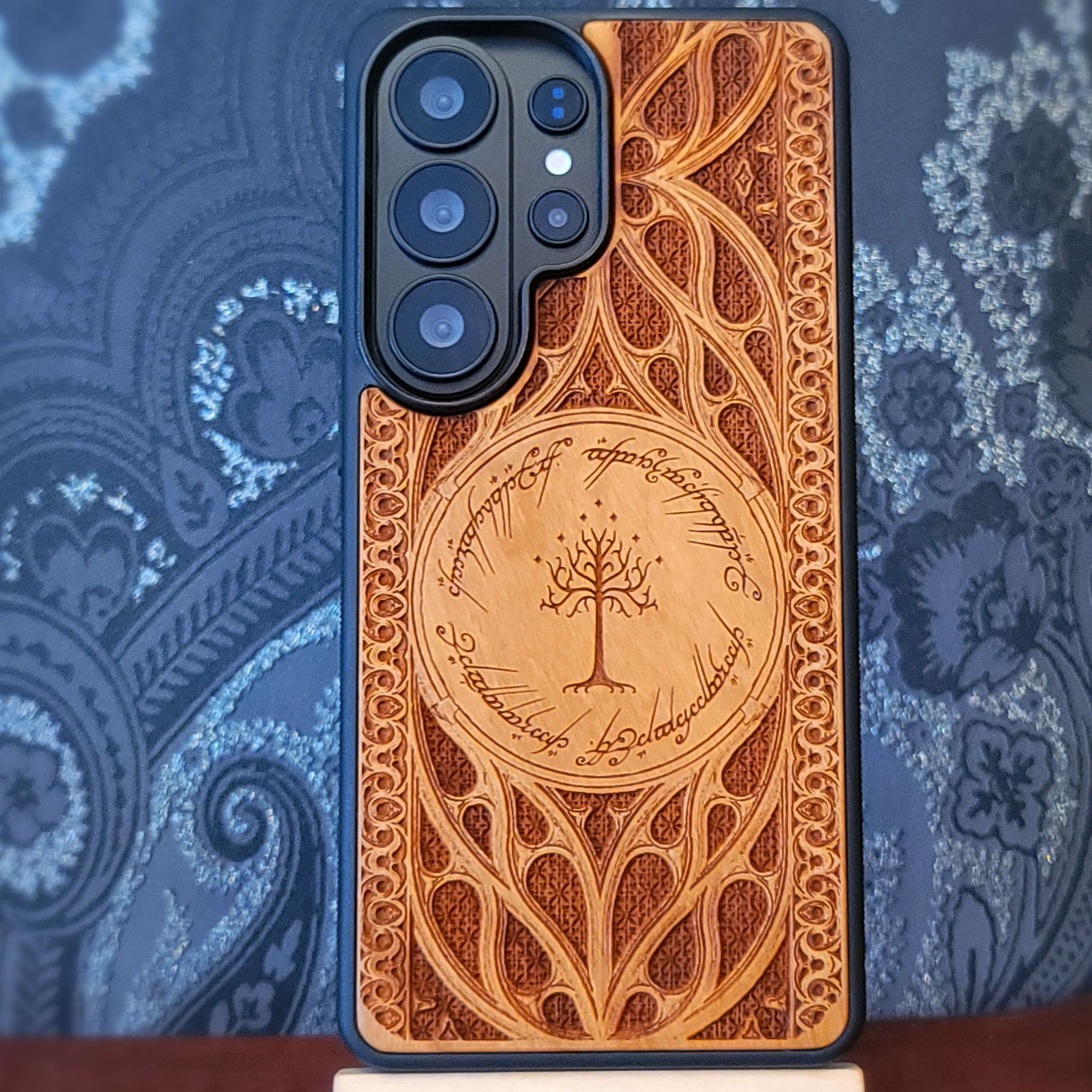 laser engraved wooden phone case featuring the White Tree of Gondor inspired fantasy design for iPhone and Samsung Galaxy.