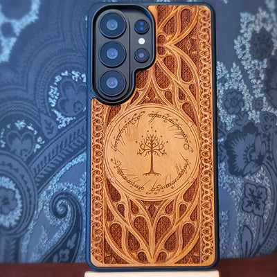 laser engraved wooden phone case featuring the White Tree of Gondor inspired fantasy design for iPhone and Samsung Galaxy.