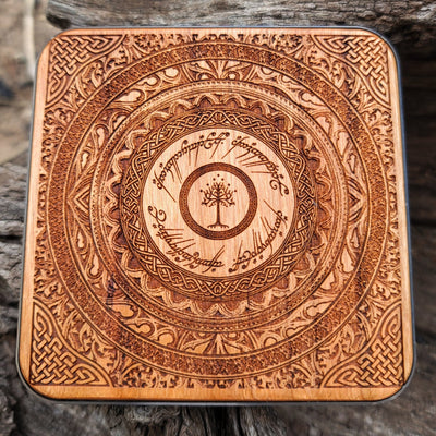 Hand-painted wireless charger with Lord of the Rings elven runes.