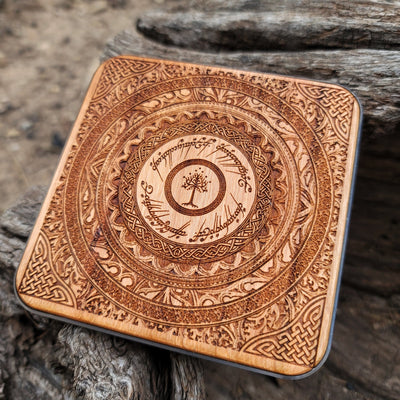 Handcrafted wireless charger featuring ancient Tolkien runes.