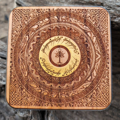 Hand-painted wooden wireless charger with Lord of the Rings elven runes.