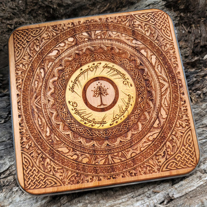 Tolkien-inspired elven language painted across wooden charger.