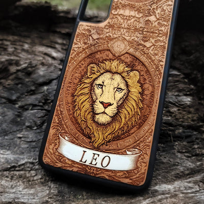 Leo astrology wood phone cover with constellation engraving