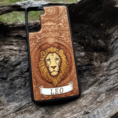 Celestial-themed Leo phone case with engraved wood artwork